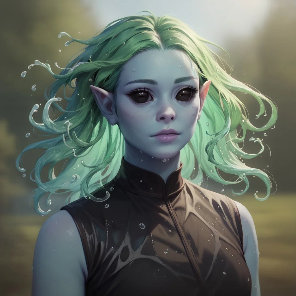 (((detailed, beautiful, high quality))), upper Body, score_9, score_8_up, score_7_up,
watergenasi, pointed ears, floating hair, liquid hair, wet clothes, wet body,
big black eyes, 1 girl, blue skin, green hair, black top,
looking at the viewer, posing, blurred background, blurred fantasy background,