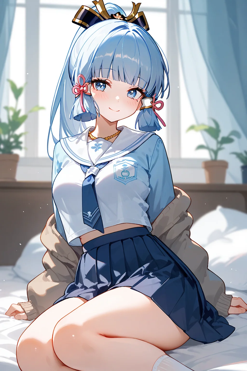 (score_9,score_8_up,score_7_up),<lora:Kamisato Ayaka(Genshin Impact)-v1:1>,Kamisato Ayaka(Genshin Impact),1girl,skirt,solo,blue skirt,looking at viewer,breasts,bangs,sitting,blush,school uniform,blue necktie,ponytail,pleated skirt,blue eyes,indoors,hair ribbon,long hair,sailor collar,serafuku,ribbon,shirt,blunt bangs,necktie,white shirt,light blue hair,tress ribbon,cardigan,closed mouth,open clothes,long sleeves,smile,wariza,signature,blue hair,mole,thighs,white sailor collar,mole under eye,sidelocks,window,curtains,open cardigan,large breasts,plant,socks,sleeves past wrists,medium breasts,white hair,jacket,blurry,blurry background,on bed,blue cardigan,neckerchief,blue neckerchief,pink ribbon,alternate costume,grey cardigan,hair ornament,miniskirt,bed,open jacket,
good feet,anime,NSFW,expressive,amazing quality,ultra hd 32k,