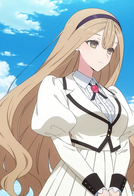 <lora:Yukari Fujimurasaki_illustrious (34):1>,
Yukari Fujimurasaki,solo,hairband,sky,outdoors,cloud,day,puffy sleeves,very long hair,long sleeves,blue sky,school uniform,closed mouth,skirt,juliet sleeves,jacket,shirt,white skirt,upper body,white shirt,