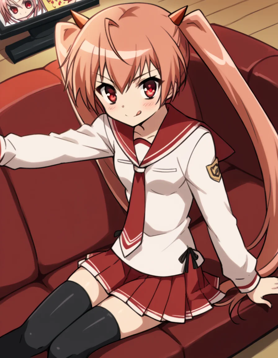 score_9, score_8_up, score_7_up, source_anime, <lora:aria-holmes-kanzaki-s1-ponyxl-lora-nochekaiser:1>, aria holmes kanzaki, long hair, red eyes, twintails, pink hair,, skirt, thighhighs, school uniform, serafuku, zettai ryouiki, white shirt, long sleeves, red sailor collar, necktie, red necktie, red skirt, pleated skirt,, living room, television, couch, popcorn, watching movie, night time, sitting,, , <lora:money-gesture-ponyxl-lora-nochekaiser:1>, money gesture, blush, sitting, couch, arm support, smile, tongue out, knee up, from above, looking at viewer, solo,, dutch angle, cowboy shot
