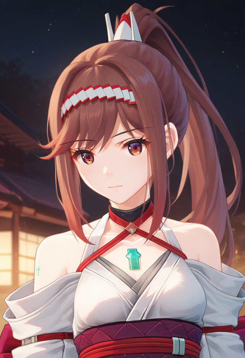 score_9, score_8_up, score_7_up, 1girl, solo, halterneck kimono, black choker, obi, upper body, brown eyes, chest jewel, glimmer, ponytail, hairband, hairpiece<lora:glimmer xl 053 fro 95:1>