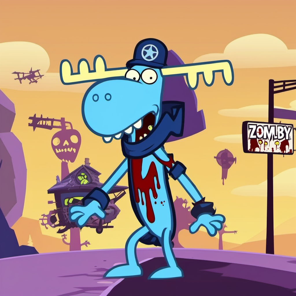 Lumpy1024, a tall  blue cartoon character is a zomby, postapocalyptic city filled with zomby <lora:Lumpy1024:0.9>