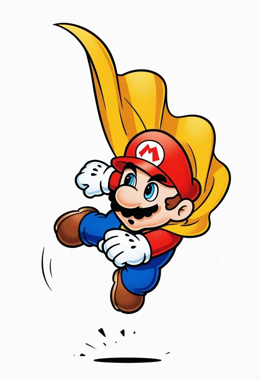 1boy, solo, male focus,
cowboy shot,
action pose, jumping,
mario,
yellow cape,
looking to the side,
simple background, white background