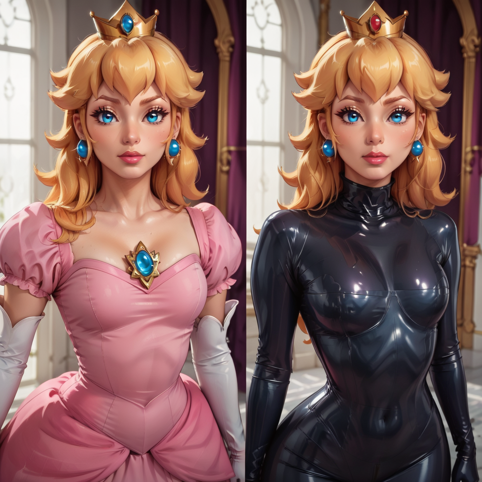 score_9, score_8_up, score_7_up,source_cartoon, source_anime, BREAK
<lora:beforeAndAfterLatex:1>, before and after, 
 princess peach, black latex