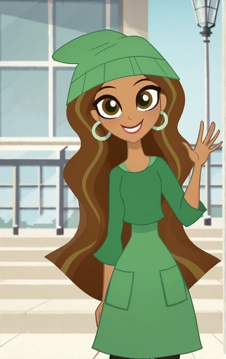 ((score_9)), score_8_up, ((high quality)), ((masterpiece)) BREAK
DCSG Style, JessicaC, JessicaC Normal, Brown Hair, beanie, earrings, brown eyes, dark skin, long hair, Green Dress, smiling, looking at viewer waving, good hands, good anatomy <lora:DC_Superhero_Girls_2019:0.8>,<lora:pony_good_hands:0.8>