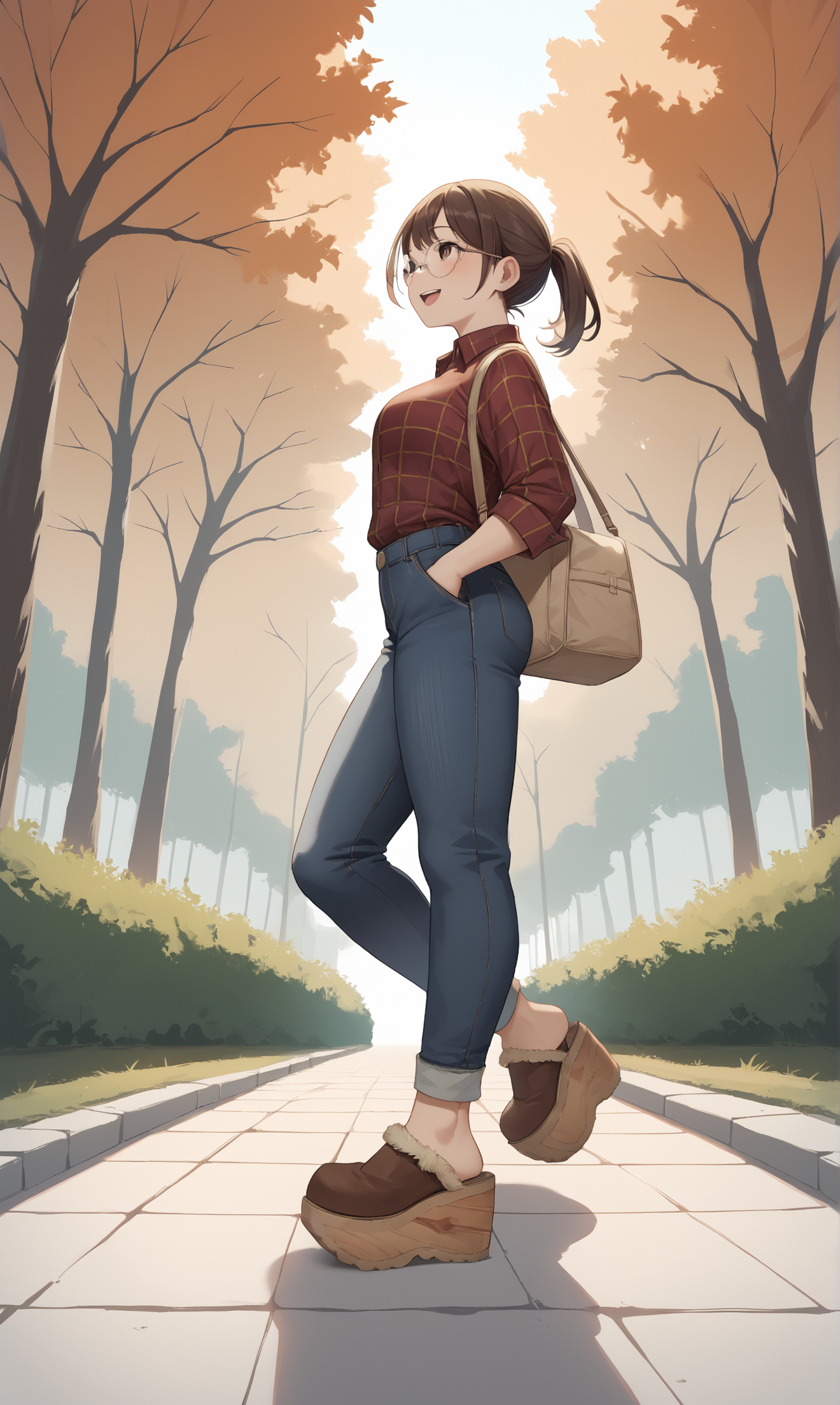 score_9, score_8_up, score_7_up, score_6_up, source_anime,
low angle, from below, from side,
autumn, outdoors, park,
1girl, 
walking, arms out, looking up, happy,
flannel shirt, jeans, round glasses, ponytail, brown hair,
sherpa clogs, platform footwear,
embedding:zPDXLrl ,
embedding:zPDXL2 ,