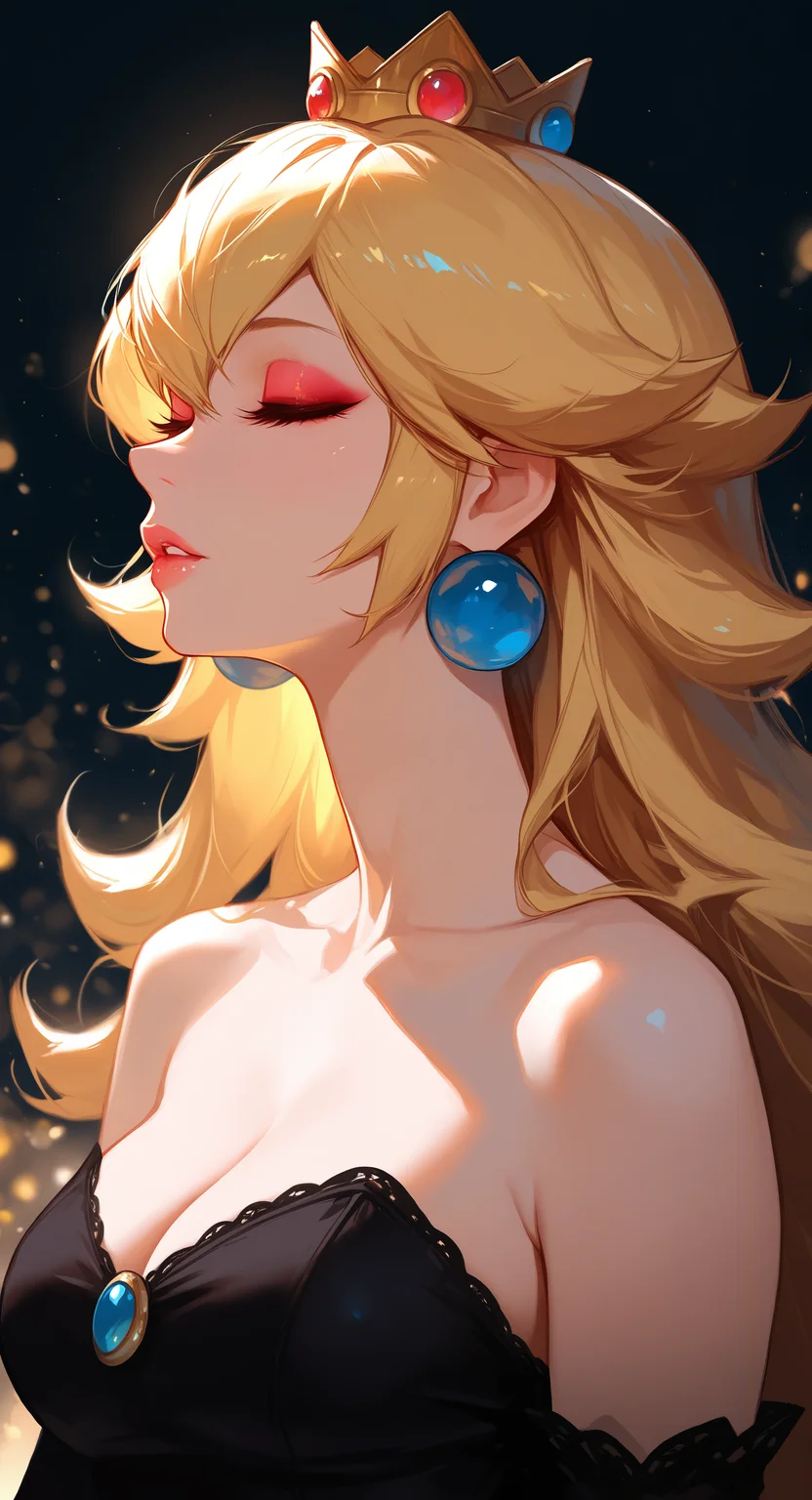 masterpiece, best quality, good quality, very awa, very aesthetic, absurdres, newest, princess peach, mario 1girl, bare shoulders, black dress, blonde hair, breasts, cleavage, closed eyes, collarbone, crown, detached sleeves, dress, earrings, eyeshadow, from side, jewelry, lips, makeup, parted lips, portrait, profile, solo, sphere earrings, <lora:ponyv6_noobV1_2_adamW-000017:0.7> <lora:USNR_STYLE_XL_lokr:0.45>