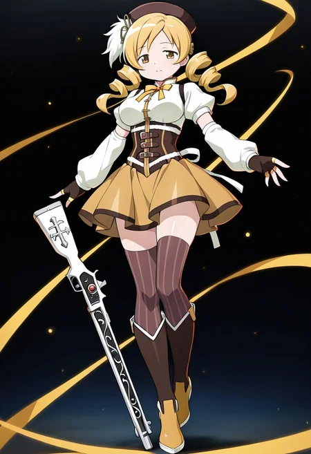 masterpiece, best quality, amazing quality, very aesthetic, absurdres, newest,shiny skin,, anime screenshot, xdive, anime coloring, black background, solo, full body, tomoe mami, yellow eyes, drill hair, twin drills, twintails, long hair, very long hair, blonde hair, hair ornament, breasts, large breasts, magical girl, brown hat, beret, corset, detached sleeves, puffy sleeves, gloves, ribbon, bow, bowtie, yellow ribbon, miniskirt, pleated skirt, yellow skirt, zettai ryouiki, vertical-striped clothes, vertical-striped thighhighs, brown thighhighs, Musket, standing