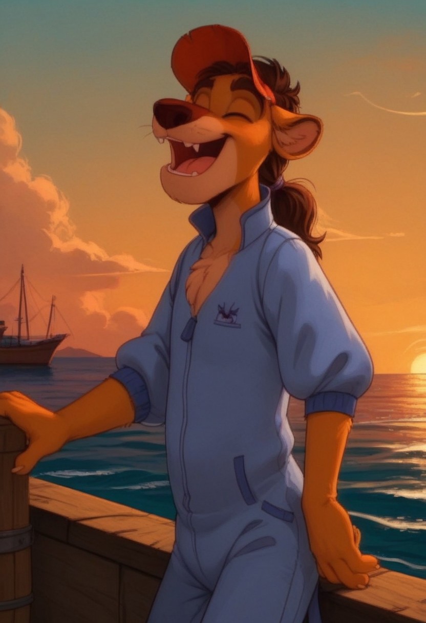 score_7, score_8, score_9, dynamic lighting, detailed background, background is ship dock, dock, (stacked crates), ((ocean)), boats, mountains in distance, ((outdoors)), clouds, sunny, (close up), cowboy shot,
BREAK 
Solo, 1boy, ((anthropomorphic)), furry male, Wildcat, yellow fur, two tone fur, brown hair, hair in ponytail, animal nose, black eyes, slender, animal ears, yellow ears, (yellow tail), feet claws, snaggle tooth, (mask), fluffy fur, fluffy eyebrows, (fang), chest fur tuft,
BREAK 
standing, ((eyes closed)), ((laughing)), jumpsuit, hat, ,