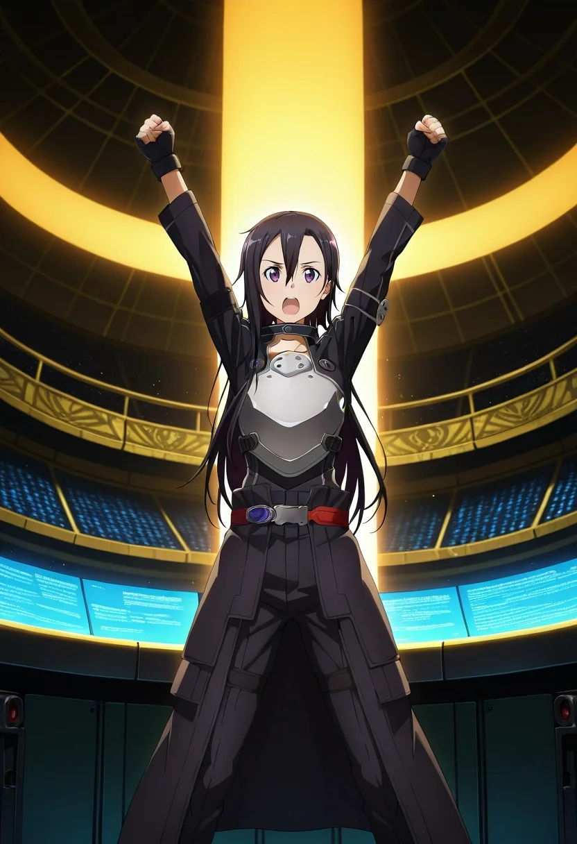 masterpiece, best quality, , (photorealistic:0.6), looking at viewer, 1boy, solo, male focus, <lora:kazuto_kirigaya_ilxl:0.98>, kazuto_kirigaya_ggo, black hair, purple eyes, hair between eyes, long hair, androgynous, sao-ggo, kirito \(sao-ggo\), mech arena, steel seats, gear podiums, robot fights, cheering pose, enthusiastic expression, metallic lighting, egyptian costume
