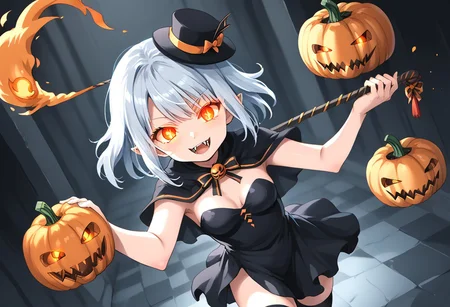 (masterpiece), (score_9, score_8_up, score_7_up,source_anime), 4K8K,
(from above), misty, steam, fog, Floating Halloween pumpkins,
halloween, halloween fantasy, jakkRo,
(pumpkinhead woman, Pumpkinhead:1.3), (solo), (Glossy skin, pale skin:1.3), (hugging myself, holding stick), burning pumpkin, (dark aura:1.4), (smirk, half-opened mouth, Canine, tooth, fang1.2),
(medium figure:0.9), (pointy breasts:1.1),
(glowing eyes),
(wearing vampire cos, dress, makeup, red and black dress, Miniature Hats, zettai ryouiki, thighhighs:1.2),
(emperor's audience room, dark room:1.3), elf ears,