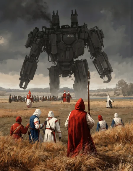 By Jakub Rozalski. A digital illustration shoot from a far camera angle about a dramatic scene depicting a group of people in red and white hooded clothing engaged in a battle, surrounded by tall, dry grass. the scene is set against a dark, stormy sky with heavy clouds and a large group of soldiers in the background. in the foreground, a woman in a red hooded cloak stands with a spear, facing away from the viewer, while a few other figures in white and blue hooded cloaks stand in the distance. the woman appears to be in her mid-twenties, with a determined expression on her face. she is positioned in the middle of the image, holding a stick in her hand. to her right, a man in a blue and white outfit is standing, facing the viewer. to his left, another man is standing with his back to the camera, looking down at the scene. to the right of the woman, a third figure in a white outfit stands with his hands on the ground, observing the scene unfold. in front of the group, a large, black, futuristic-looking machine-like structure is visible, with smoke billowing from its top, adding to the dramatic atmosphere of the scene, while the soldiers are positioned in a distant, more distant distance.