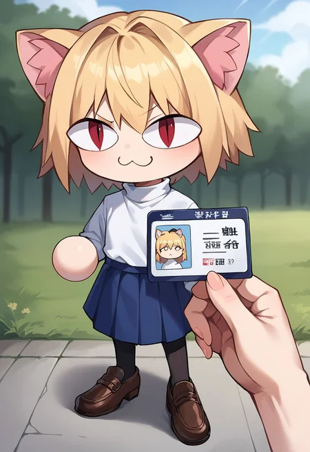 score_9, score_8_up, score_7_up, source_anime BREAK 1girl, looking at viewer, outdoors, pov, cowboy shot, ID card hetero, <lora:POV_holding_ID:1>, rating_questionable,necoarc,blonde hair, red eyes, slit pupils, cat ears, :3, chibi,turtleneck, white shirt, blue skirt, pleated skirt, pantyhose, brown footwear