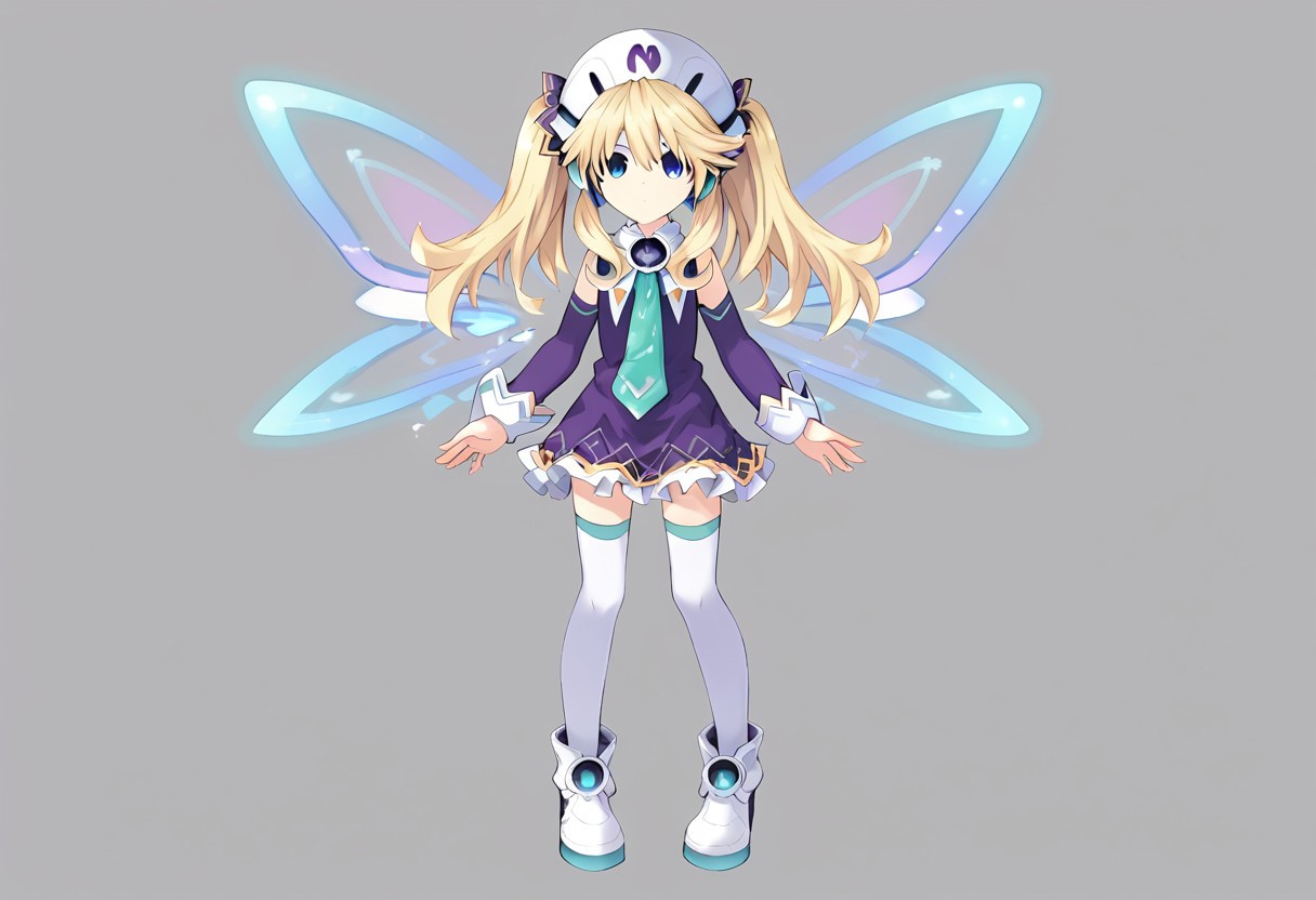Histoire \(neptunia)\, blonde hair, blue eyes, long hair, twintails,, short dress, hat, necktie, thighhighs, white legwear, fairy wings, footwear, boots, detached sleeves,, short,   standing,   score_9, score_8_up, score_7_up, ,source_anime, best quality, masterpiece,   , full body view ,  1girl , solo , girl focus ,