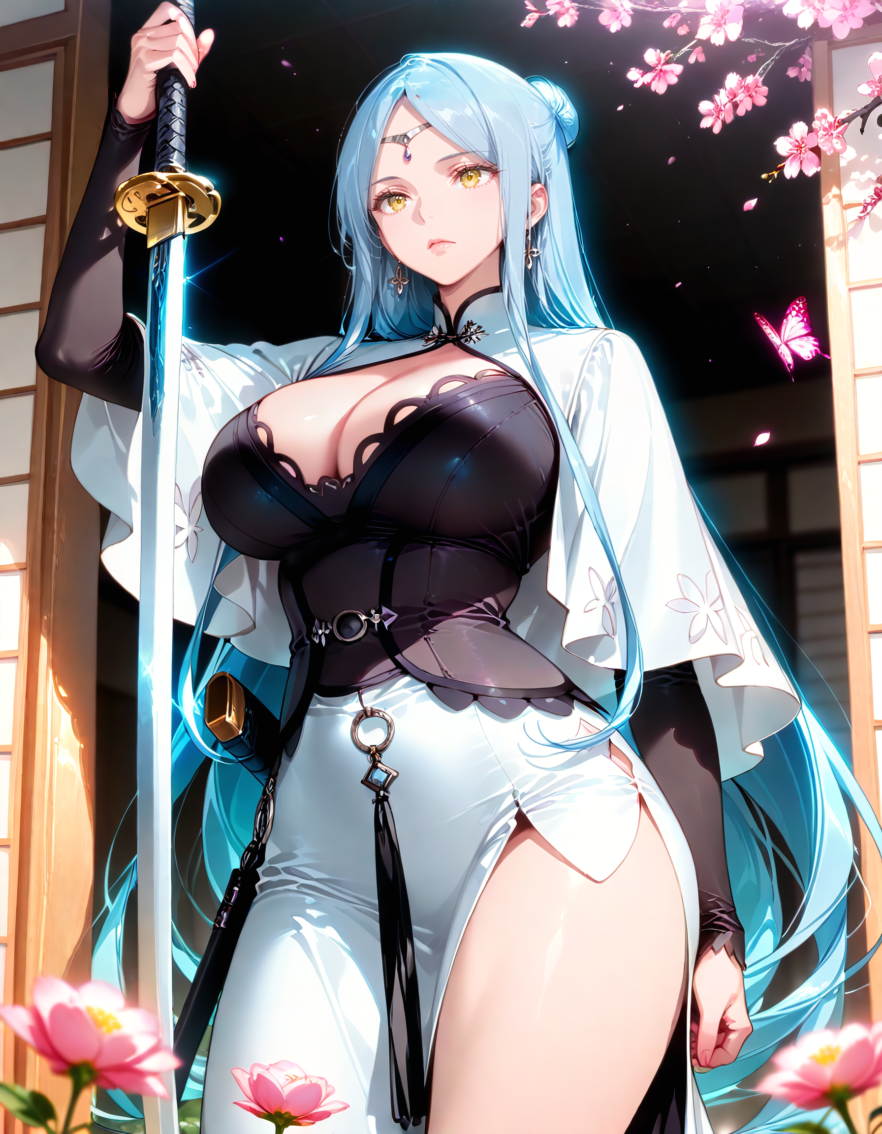 Smooth Quality <lora:ophelia_IL:1> ophelia, long hair, blue hair, single hair bun, mature female, circlet, yellow eyes, large breasts, jewelry, sidelocks, earrings, completeley nude, 1girl, bug, butterfly, cherry_blossoms, cloud_print, drawing_sword, expressionless, flower, holding, holding_sword, holding_weapon, looking_at_object, materializing, ootachi, pink_flower, pink_rose, rose, scabbard, sheath, shouji, sliding_doors, solo, standing, sword, weapon, hilltop_pagoda, sea_of_cherry_trees_below, light_breeze, cloud_movement_in_distance, panoramic_spring_view, (dsmile:1.4),, detailed eyes, detailed face, detailed skin <lora:DetailedEyes_V3:1> <lora:cfg_scale_boost:0.7> <lora:SkindentationIL3.4_alpha16.0_rank32_full_400steps:3> <lora:ponyv6_noobE11_2_adamW:0.7>