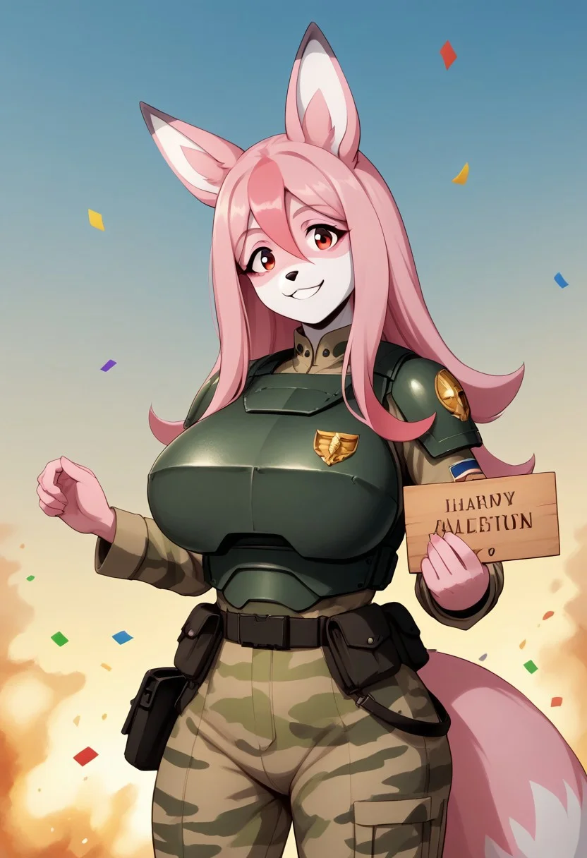 score_9, score_8_up, score_7_up, score_6_up, score_5_up, score_4_up, 1girl, solo, (anthro, furry, fox, nazuna, pink and white fur color, two-tone fur,), pink hair, long hair, hair between eyes, red eyes, animal ears, animal tail, fluffy tail,
huge breasts, animal ears, body fur, (holding sign with text:"Abhuman is fine too":1.4 ), promotional poster, looking happy, wearing a bodysuit, lasgun, holding a burger, detailed background, armor, military uniform, pants, camouflage, new armor, clean, astra militarum, confetti explosion, she is a model making a social add, smiled that says I am absolutely caffeinated and frilled, head tilt to the left,smile of a salesman