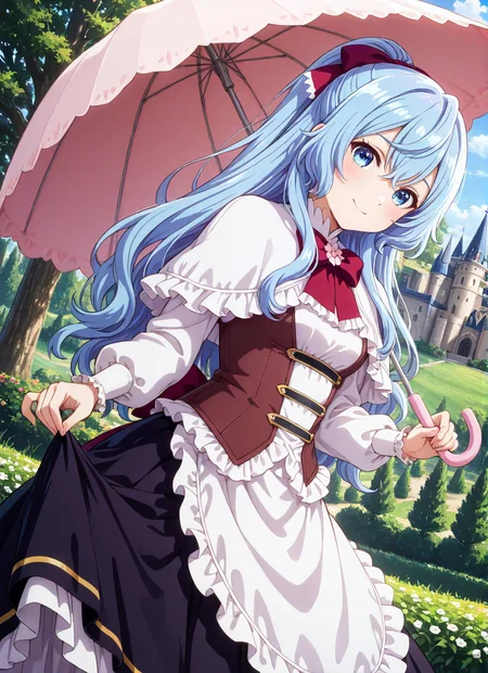 source_anime BREAK prefect lighting,very aesthetic,prefect hands,best quality,
intricate details,highly detailed background,(masterpiece:0.9),high quality,lustrous_skin,skindentation,(zPDXL3),
ultra delicate hair,
face_detail,
skin_detail,<lora:cfg_scale_boost>,
lustrous_skin,skindentation,
shiny skin,
<lora:seirei_gensouki_-_liselotte_cretia_il:0.7>,liselotte_cretia,long_hair,hair_between_eyes,blue_hair,ponytail,purple_bow,hair_bow,blue_eyes,
white_shirt,long_sleeves,white_dress,frills,black_skirt,red_bowtie,white_capelet,frilled_capelet,
masterpiece,best quality,ultra-detailed,Best-A,Medium-B,Low-C,Bad-D,cute,light_blush,dynamic_angle,
looking at viewer,small breasts,blush,smile,
in summer,flowers meadows,castle,park,umbrella,hold an umbrella,