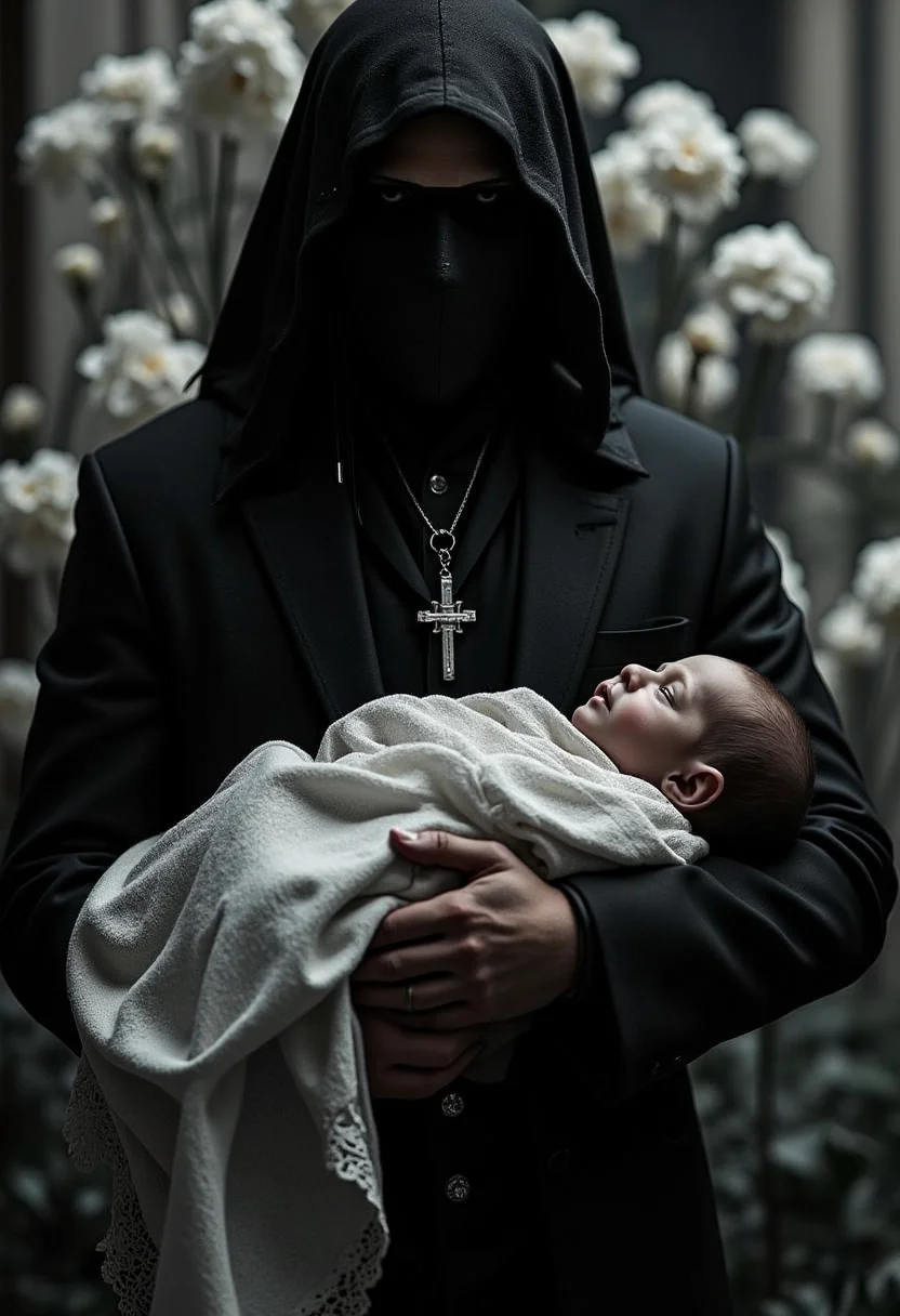 yfg-f@ce, A dark and solemn figure, dressed in an elegant black suit, stands in an atmosphere of grief and reverence. His face is completely obscured by a veil, adding to the aura of mystery and solemnity. A silver cross necklace hangs from his neck, catching the dim light. In his arms, he cradles a swaddled infant, its delicate form covered by a cloth with intricate lace edges. The scene is monochromatic, evoking a deep sense of melancholy and reverence. Soft, blurred flowers in the background enhance the funeral-like atmosphere, reinforcing the emotional weight of the moment. The composition exudes gothic, religious, and dramatic themes, reminiscent of dark fantasy and symbolic storytelling.