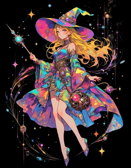 lyh_niji, vibrant reflective holographic drawing in the style of ckhg, Alphonse Mucha Style, Art Nouveau Poster art of a witch wear witch's hat holds a magic wand and walks on tiptoe like a rhythmic gymnast
delicate features
cracked light , smokey haze in floating
Illustrations with clear lines in a well-designed posters design, black background
<lora:ck-holographic-glitter-000015:0.5><lora:Alphonse Mucha Style:0.6>