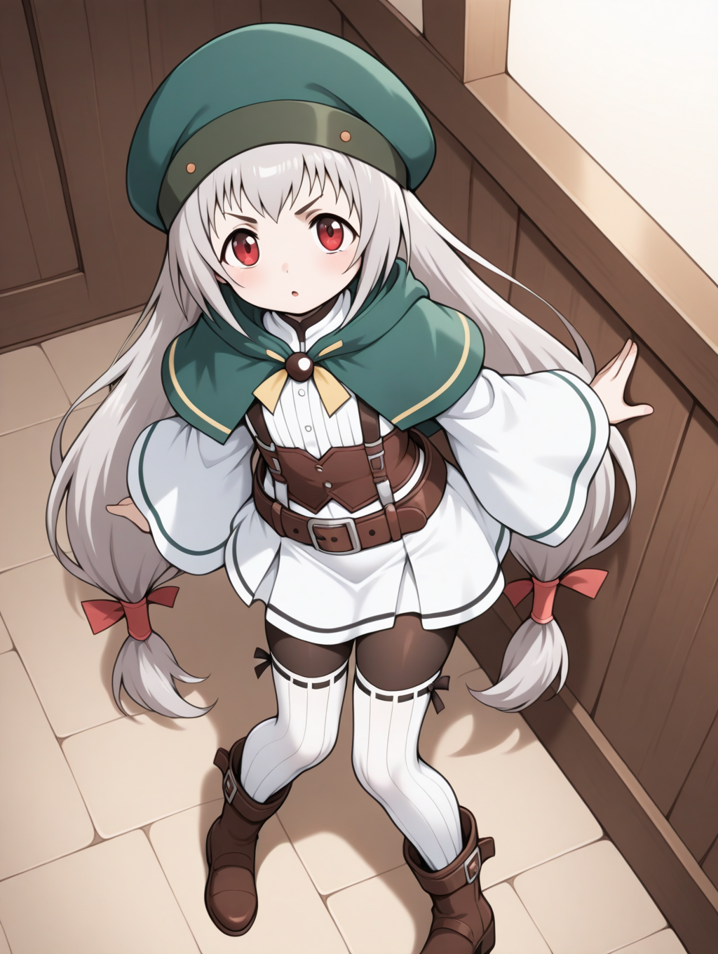 perfect quality,best quality,absolutely eye-catching,ambient occlusion,raytracing BREAK
1girl,<lora:rumina IL v1.2:0.8>,rumina,grey hair,low-tied long hair,twintails,green hat,red eyes,green capelet,white dress,wide sleeves,belt,pantyhose,(vertical stripes white thighhighs:1.2),boots,suspenders,brown corset,suspenders,ribbon-trimmed thighhighs,, from above, looking at viewer