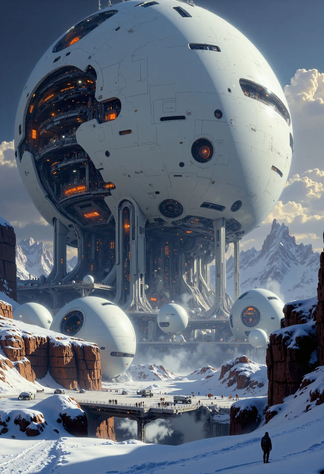 highest details, ultra hyper realism. highly detailed and realistic. intricate and highly professional artwork, an absolute masterpiece.
This image is a highly detailed, CGI-rendered depiction of a futuristic, sprawling space station or spaceport situated in a snowy, icy landscape. The central structure, a large, spherical space station, dominates the scene. It has a smooth, sleek, white exterior with numerous windows and a domed section at the top, likely housing observation or command areas. The station is supported by several slender, tubular legs that taper into the ground. A series of smaller, interconnected modules are connected to the main structure, featuring rounded, organic shapes and a uniform white color scheme. These modules include various levels with windows and doors, indicating multiple functions such as docking bays, living quarters, or control rooms.
Wine Red hue and Asphalt Gray tint, dramatic lighting
<lora:artilands_v02_epoch_6:1>