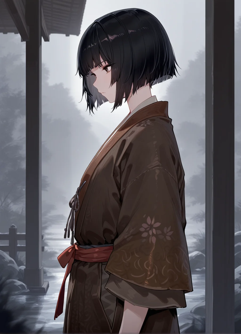 masterpiece, best quality,1boy, cowboy shot, standing, KuroSekiro, black hair, short hair, japanese clothes, from side, outdoors, bangs, brown eyes, solo, <lora:KuroSekiro:0.8>