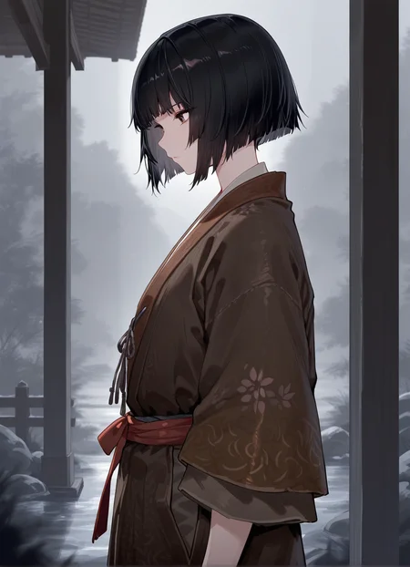 masterpiece, best quality,1boy, cowboy shot, standing, KuroSekiro, black hair, short hair, japanese clothes, from side, outdoors, bangs, brown eyes, solo, <lora:KuroSekiro:0.8>