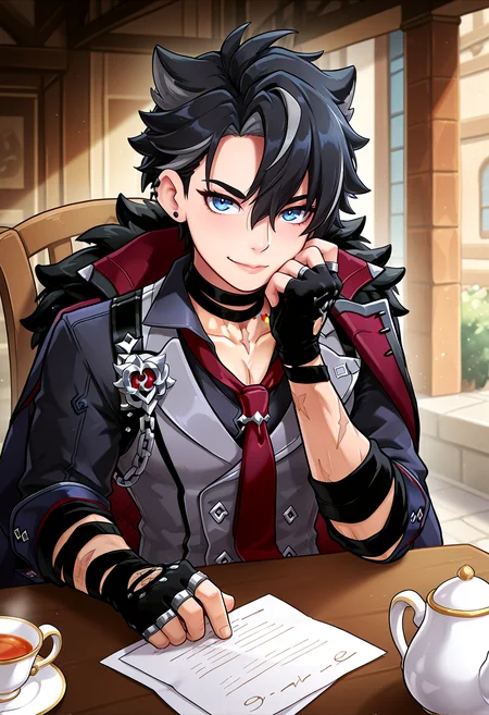IllustriousQual <lora:StS-Illustrious-Detail-Slider-v1.0:2> <lora:cfg_scale_boost:0.3>,detailed_background,outdoors,coat,short sleeves,grey vest,short hair,cup,black gloves,chair,looking at viewer,indoors,teapot,teacup,on chair,earrings,collared shirt,black coat,bandaged neck,fur-trimmed coat,gloves,smile,facial scar,red necktie,blue eyes,bandages,mmmgnsn,grey hair,parted bangs,scar on neck,paper,vest,closed mouth,holding paper,black shirt,multicolored hair,holding,buttons,saucer,1boy,tea,stud earrings,ear piercing,hair between eyes,scar on face,chain,piercing,scar,fingerless gloves,wriothesley \(genshin impact\),hand up,jewelry,genshin impact,table,two-sided coat,lapels,shirt,bandaged arm,streaked hair,male focus,two-sided fabric,black hair,v-shaped eyebrows,highres,collarbone,scar on arm,upper body,fur trim,necktie,sitting,coat on shoulders,scar on cheek,solo,double-breasted