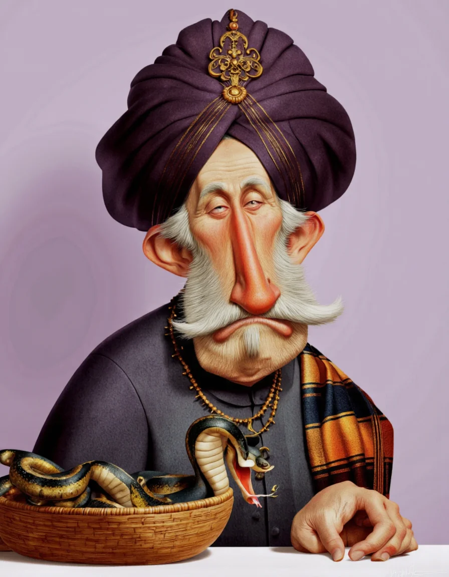 Art by Jean-Baptiste Vendamme. A surreal digital illustration shoot from a frontal camera angle about a cartoonish depiction of an old man with a serious expression and a long mustache, wearing a traditional turban and adorned with gold jewelry. the image also shows a cobra in a basket beside him. on the middle of the image, an elderly man, who appears to be in his late 60s, with a long nose, a mustache, and a prominent nose, is sitting with his upper body facing the viewer. he is wearing a dark purple turban with a gold trim and a gold crown on his head, adorned with beads around his neck. his eyes are closed, and his expression is one of intense concentration. he has a serious look on his face. the cobra is coiled up in front of him, with its mouth open and tongue out, as if it is about to strike at him. the background is a simple gradient of light purple, which contrasts with the man's serious expression. the man is positioned in the center of the frame, with the snake in the basket to his right, and the snake is positioned to its left, its black and yellow scales glistening in the light. the overall style is whimsical and detailed, with exaggerated features and vibrant colors that bring the image to life.