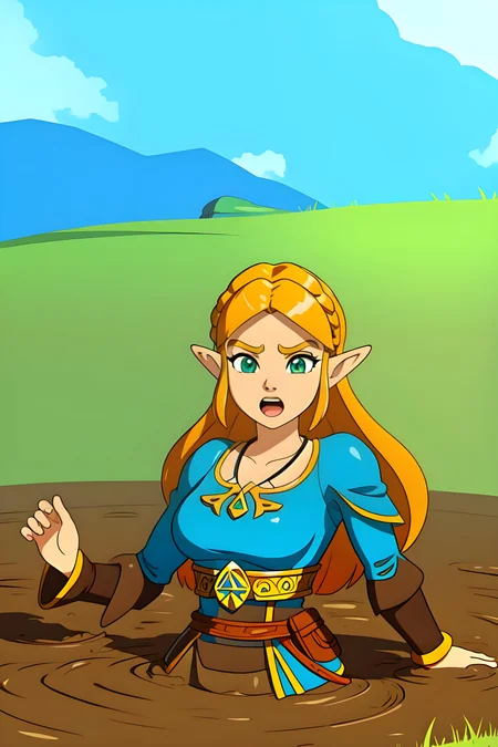 1girl, zelda\(princess\), partially submerged, sinking, mud, scared, screaming