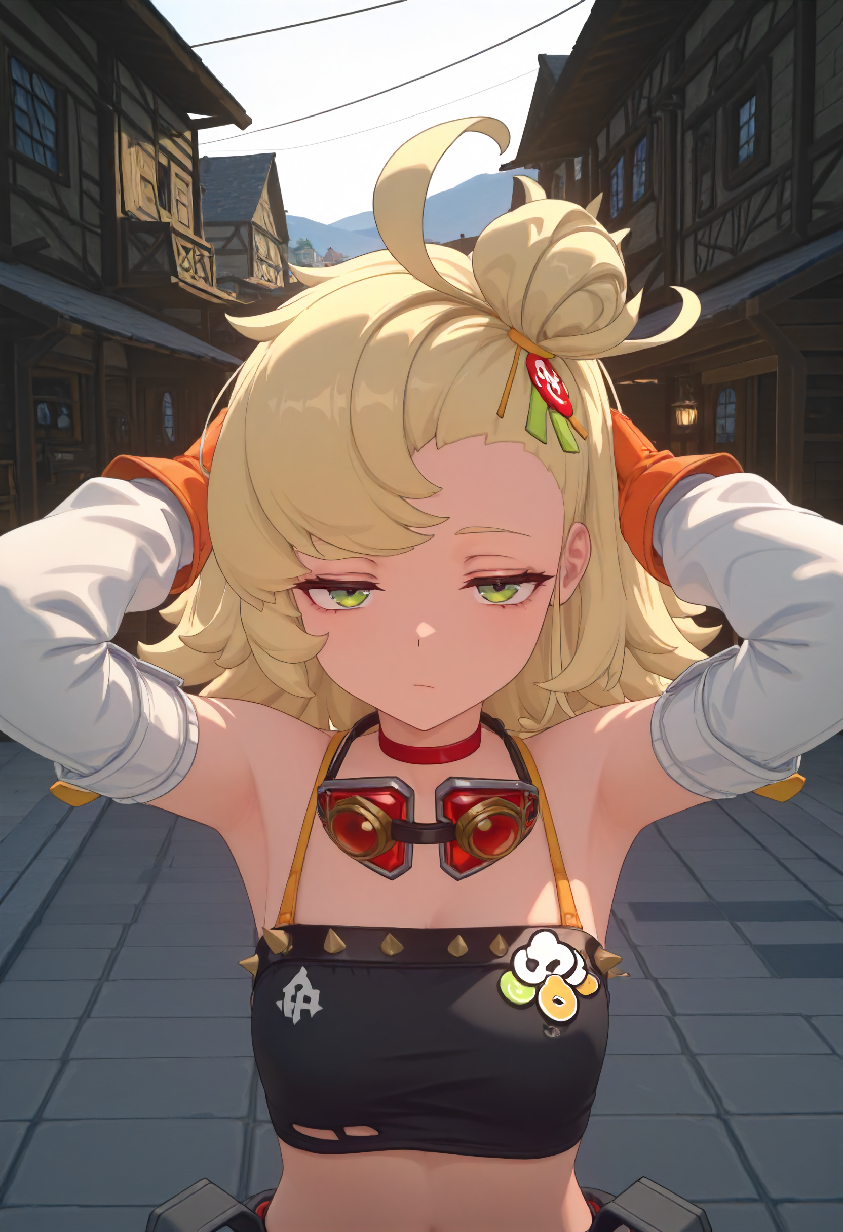 masterpiece, best quality, amazing quality, very aesthetic, absurdres, newest, scenery, volumetric lighting, perfect eyes, ultra detailed,
1girl, Piper Wheel, solo, blonde hair, ahoge, messy hair, hair bun, green eyes, 
black crop top, detached sleeves, shoulder cut, white sleeves, orange gloves, midriff, navel, black shorts, detached pant legs, red pant legs, thighs, belts, goggles around neck,
standing, looking at viewer, hands behind head,  half-closed eyes, bored face, closeup, face closeup, portrait,
village, detailed background, backlighting,
<lora:Piper_Wheel_-_Zenless_Zone_Zero_ZZZ__Illustrious:1>
masterpiece, best quality, amazing quality, very aesthetic, absurdres, newest, scenery, volumetric lighting, perfect eyes, ultra detailed,