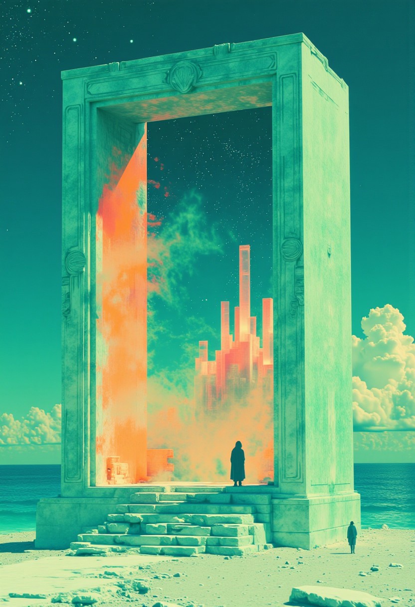 Art by Alexey Egoro,SentinelBot, A Clean bay , A robot standing in the beach ,sunset Blue and faint gold neon-mist, Gravity manipulation,
(Makoto Shinkai:1.4), A green color door made of marble , stairs from ocean to the door, detailed embroided frame , floating in middle of sky ,huge ocean with stars beneath the door, green and blue and orange, door opening to show a huge pink crystal spires towering in sky with large , desolate