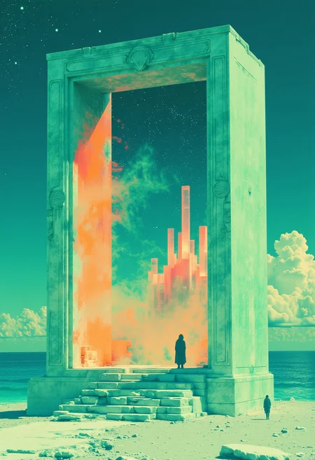 Art by Alexey Egoro,SentinelBot, A Clean bay , A robot standing in the beach ,sunset Blue and faint gold neon-mist, Gravity manipulation,
(Makoto Shinkai:1.4), A green color door made of marble , stairs from ocean to the door, detailed embroided frame , floating in middle of sky ,huge ocean with stars beneath the door, green and blue and orange, door opening to show a huge pink crystal spires towering in sky with large , desolate