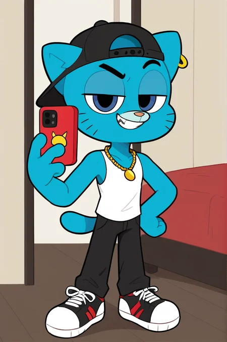 bedroom, 4 fingers, <lora:miscon_ponyxl:0.6>, <lora:powerpuff_girls_Kim_Crab_style:0.3>, shading, three-quarter portrait, full body, BREAK
<lora:Gumball_Watterson_sdxl:0.2
>, gumball, male, anthro, cat nose, dark blue eyes, young, broad shoulders, white tank top, solo, selfie, holding red phone, hand on own hip, raised eyebrow, grin, half-closed eyes, ear ring, gold chain necklace, backwards hat, teeth, black pants, sneakers, BREAK