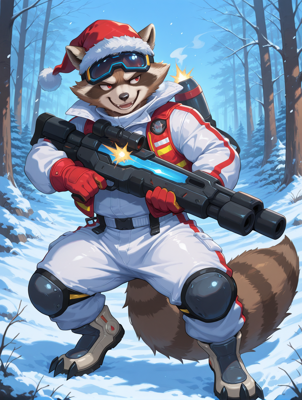 <lora:Rocket Raccoon-ChristmasSkin-illustriousXLNEW-000012:0.8>,rocket raccoon,furry,1boy,solo,plump,furry male,male focus,raccoon,red eyes,seductive_smile,winter combat uniform,goggles,pants,crampon boots,santa hat,gloves,open mouth,holding gun,fighting_stance,tail,christmas,snow,ice,nature,full body,digital painting,artwork,anime style,masterpiece,best quality,amazing quality,
