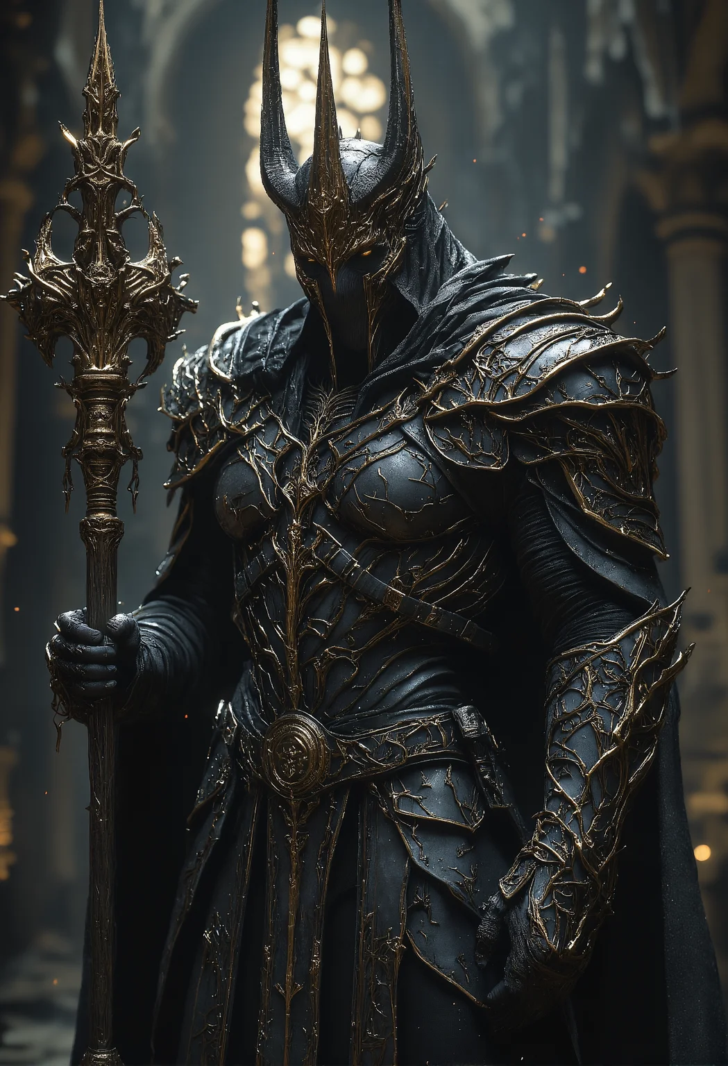 A dark, imposing figure stands in a grand, dimly lit cathedral. This character wears intricate, gothic black armor adorned with gilded crosses and chains, giving a religious yet ominous presence. The helmet is tall, almost bishop-like, with a faceless visor that reflects no light, enhancing the aura of mystery. The figure holds a menacing staff, topped with a spiked, circular cross design, which looks both ceremonial and weaponized. The armor details include ornate engravings and mechanical components, blending medieval design with a futuristic, almost steampunk aesthetic. The atmosphere is solemn, with a faint, ethereal glow from high cathedral windows casting cold light onto the dark figure, emphasizing the contrast between shadow and metallic details. <lora:Magic_of_Art_(FLUX).safetensors:1.0>, <lora:BeautyInEvilFlux.safetensors:0.75>,