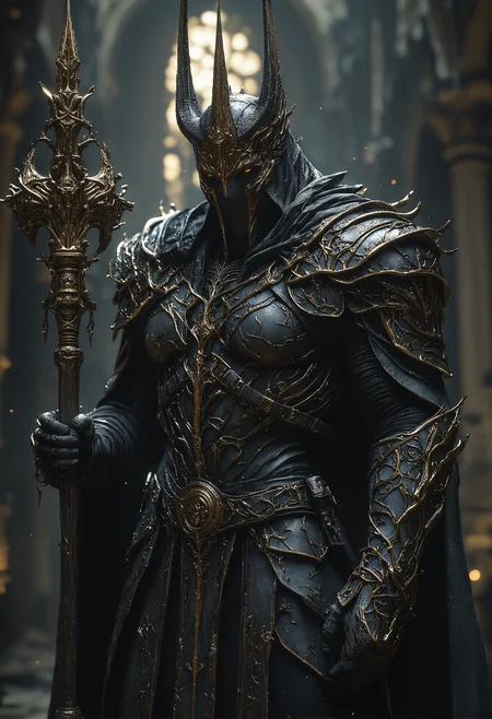 A dark, imposing figure stands in a grand, dimly lit cathedral. This character wears intricate, gothic black armor adorned with gilded crosses and chains, giving a religious yet ominous presence. The helmet is tall, almost bishop-like, with a faceless visor that reflects no light, enhancing the aura of mystery. The figure holds a menacing staff, topped with a spiked, circular cross design, which looks both ceremonial and weaponized. The armor details include ornate engravings and mechanical components, blending medieval design with a futuristic, almost steampunk aesthetic. The atmosphere is solemn, with a faint, ethereal glow from high cathedral windows casting cold light onto the dark figure, emphasizing the contrast between shadow and metallic details. <lora:Magic_of_Art_(FLUX).safetensors:1.0>,  <lora:BeautyInEvilFlux.safetensors:0.75>,