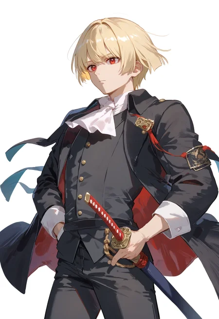 score_9, score_8_up, score_7_up, sheathed sword, solo, male focus, pants, 1boy, white background, black pants, simple background, hands in pockets, open clothes, cropped legs, katana, jacket, vest, black coat, ascot, open jacket, black jacket, blonde hair, coat, long sleeves, short hair, open coat, bangs, red eyes, standing, white ascot, shirt, black vest, cowboy shot
<lora:sheathed_sword_pony_1_final:1>