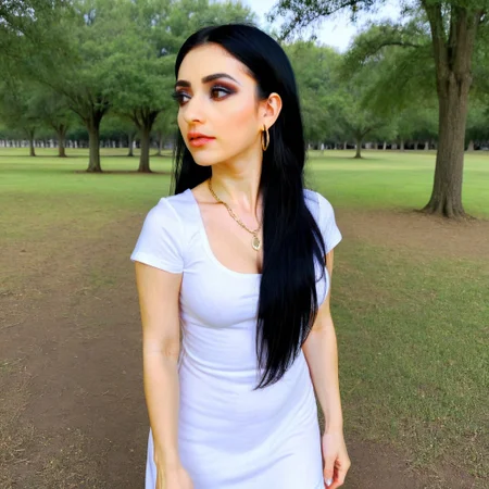 earrings, t-shirt, makeup, long black hair cascading down the front and back , outdoors, necklace, white dress, brown eyes, breasts