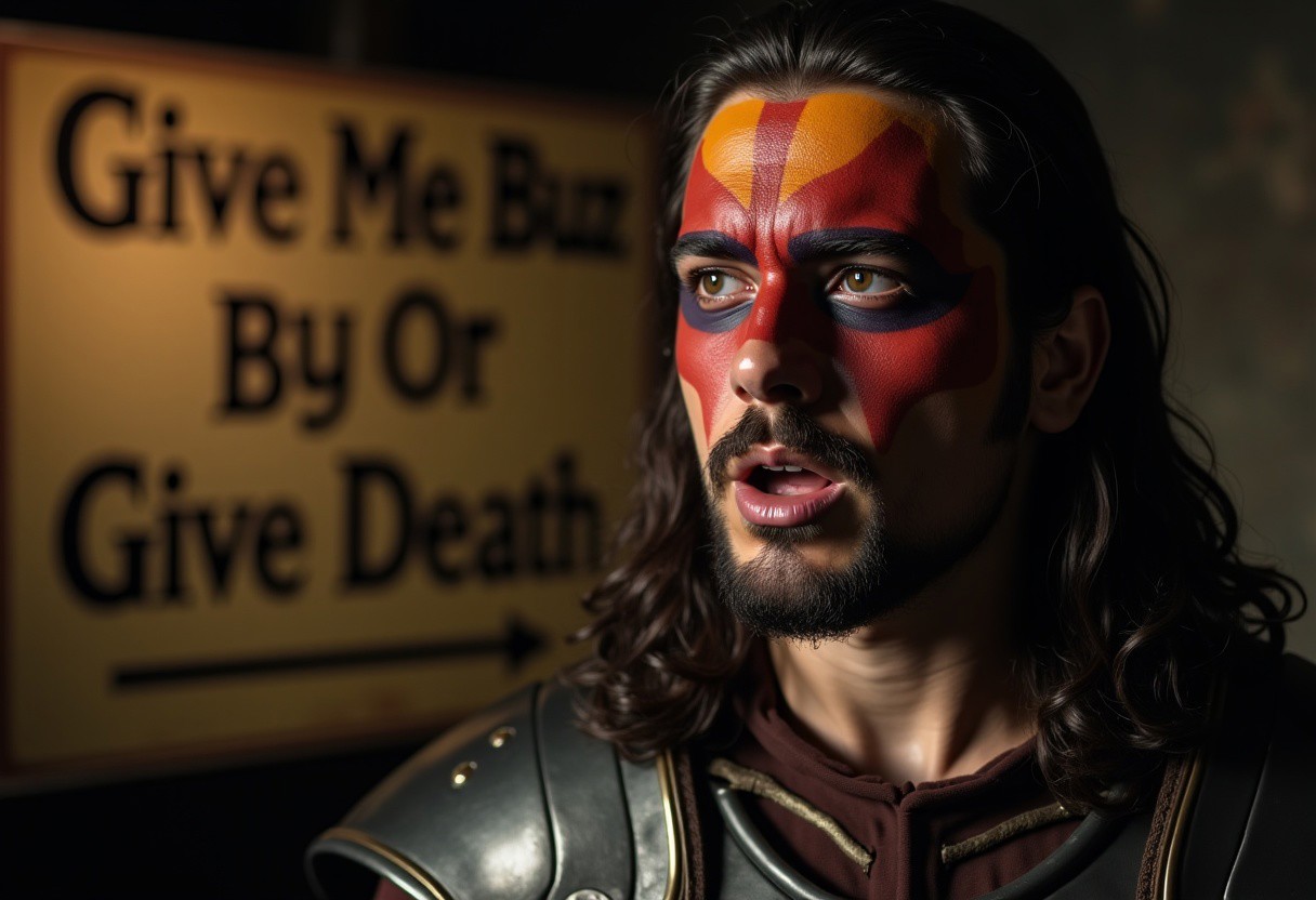 cinematic shot, William Wallace, in medieval Gaelic warrior face paint  , close_up, impassioned speech . poster with text "Give me buzz or give me death"