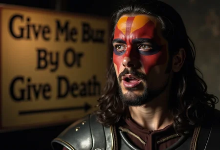 cinematic shot, William Wallace, in medieval Gaelic warrior face paint , close_up, impassioned speech . poster with text "Give me buzz or give me death"