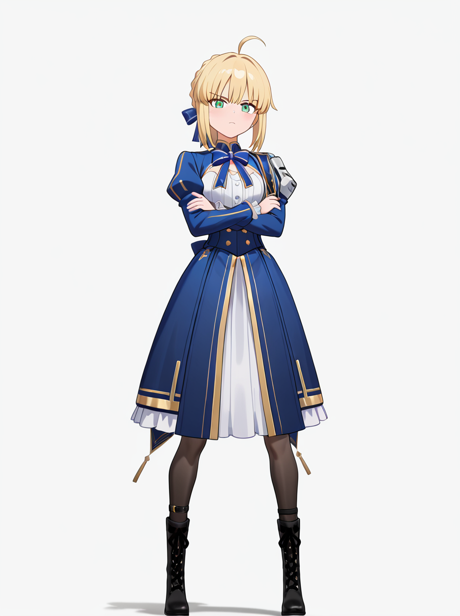 masterpiece, best quality, amazing quality, very aesthetic, absurdres, newest,shiny skin,  anime coloring, anime screenshot,  <lora:SabrHonkaiStarRail:1>saberhsr, blonde hair, 1girl, solo, ahoge, pantyhose, dress, boots, ribbon, braid, green eyes, blue dress, hair ribbon, long sleeves, bow looking_at_Viewer  crossed arms,  simple background,  white background,
