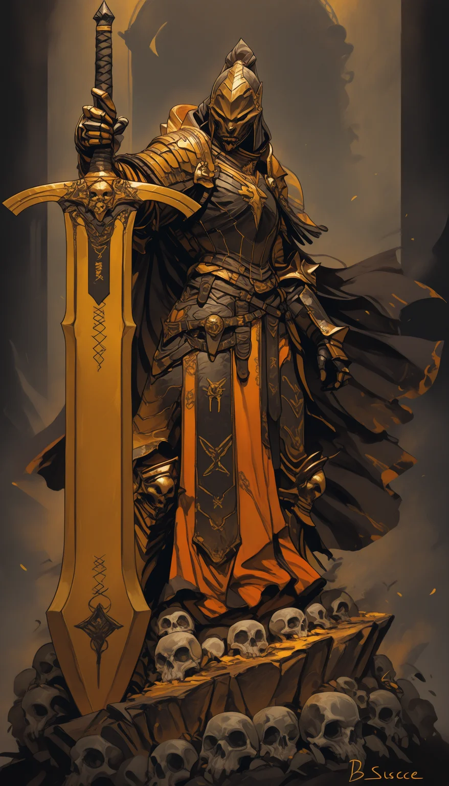 BSSINCASE,, holding weapon, fighting stance, holding buster sword,huge weapon masterpiece, best quality, high quality, ultra-detailed, realistic, Create a detailed digital artwork of a heavily armored knight in a dynamic pose. The knight is clad in dark, intricately designed armor with gold accents, and a helmet with a visor. The armor is adorned with skulls and crosses, and the knight wields a large, ornate sword with a golden hilt. The background is a chaotic blend of dark and fiery hues, with a smoky atmosphere that adds to the intensity of the scene. The color palette is dominated by dark shades of gray, black, and gold, with occasional bursts of yellow and orange, creating a sense of urgency and danger. The style of the artwork leans towards dark fantasy or gothic themes. solo, 1boy, holding, standing, male_focus, weapon, sword, holding_weapon, cape, armor, holding_sword, helmet, shoulder_armor, gauntlets, pauldrons, skull, breastplate, knight, full_armor, ambiguous_gender, helm, BSSINCASE,, holding weapon, fighting stance, holding buster sword,huge weapon
