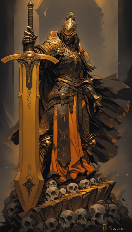 BSSINCASE,, holding weapon, fighting stance, holding buster sword,huge weapon masterpiece, best quality, high quality, ultra-detailed, realistic, Create a detailed digital artwork of a heavily armored knight in a dynamic pose. The knight is clad in dark, intricately designed armor with gold accents, and a helmet with a visor. The armor is adorned with skulls and crosses, and the knight wields a large, ornate sword with a golden hilt. The background is a chaotic blend of dark and fiery hues, with a smoky atmosphere that adds to the intensity of the scene. The color palette is dominated by dark shades of gray, black, and gold, with occasional bursts of yellow and orange, creating a sense of urgency and danger. The style of the artwork leans towards dark fantasy or gothic themes. solo, 1boy, holding, standing, male_focus, weapon, sword, holding_weapon, cape, armor, holding_sword, helmet, shoulder_armor, gauntlets, pauldrons, skull, breastplate, knight, full_armor, ambiguous_gender, helm, BSSINCASE,, holding weapon, fighting stance, holding buster sword,huge weapon