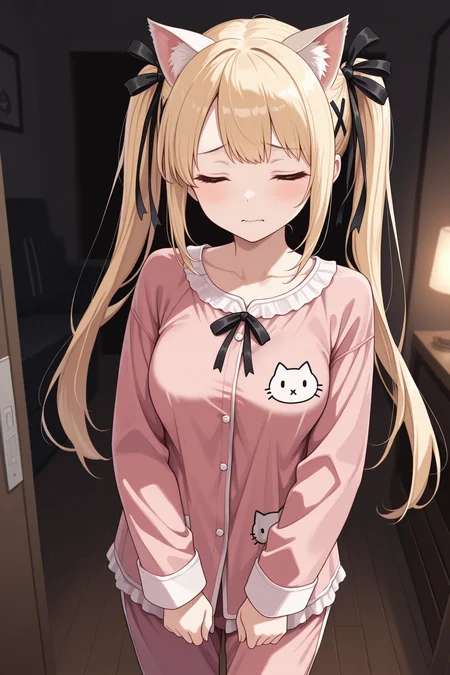 masterpiece, best quality, 1girl, solo <lora:marierose-illu-nvwls-v1-000006:1> mrirs, blonde hair, twintails, long hair, black ribbon, hair ribbon, x hair ornament, cat ears, cat print, pink pajamas, closed eyes, wavy mouth, loose clothes, medium breasts, standing, dark theme, indoors, living room