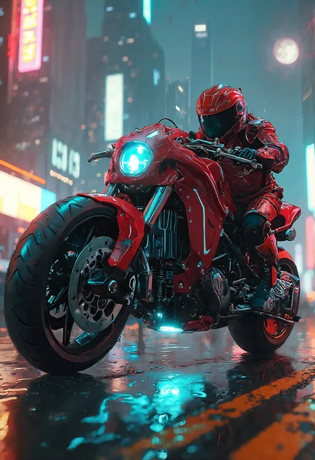A  red armored cyberpunk motorcycle, emphasizing its sleek, predatory lines and imposing presence. Here's a description of the image:
The image is rendered in a low-angle shot, with the motorcycle dominating the foreground. The camera is positioned at a slight angle, creating a sense of depth and dimensionality. The motorcycle's sleek, armored body is rendered in exquisite detail, with intricate mechanical components and glowing blue lines tracing its curves. The bike's red paint job seems to glow in the dim light, as if infused with an otherworldly energy.
The background is a blurred, neon-drenched cityscape, with towering chrome skyscrapers and billboards casting a kaleidoscope of colors across the night sky. The stars twinkle like diamonds scattered across the fabric of the universe, while the moon hangs low in the sky, casting an ethereal glow over the scene. The city's lights and sounds are muffled, creating an eerie sense of silence and isolation.
The motorcycle's tires are slightly smudged, as if it has just roared to life and is ready to take on the city. The engine's exhaust pipes seem to pulse with energy, as if they're about to unleash a torrent of power. The bike's handlebars are wrapped in gleaming chrome, and the mirrors seem to reflect the city's lights like tiny, shimmering pools of water.
The image is rendered in a high level of detail, with every mechanical component and surface texture meticulously crafted. The lighting is dramatic, with deep shadows and highlights that accentuate the motorcycle's imposing presence. The overall effect is one of raw power and technological prowess, as if the motorcycle is a living, breathing creature ready to unleash its fury upon the city.
To achieve this level of detail and realism, I would employ a combination of digital painting and 3D modeling techniques. I would start by creating a 3D model of the motorcycle, using software such as Blender or Maya. I would then add intricate details and textures to the model, using a combination of procedural textures and hand-painted details.
Once the model is complete, I would render it in a 3D rendering software such as V-Ray or Arnold, using a combination of global illumination, ambient Occlusion, and subtle motion blur to create a sense of depth and dimensionality. I would also add subtle noise and grain to the image to give it a sense of film-like texture and realism.
Finally, I would composite the motorcycle into the cityscape, using a combination of 3D modeling and 2D painting techniques to create a seamless blend of the motorcycle and its surroundings. I would use a combination of layer blending modes and masking techniques to create a sense of depth and dimensionality, and to ensure that the motorcycle appears to be an integral part of the cityscape.
Overall, the image would be a testament to the power of technology and human creativity, a celebration of the beauty and complexity of the cyberpunk world.