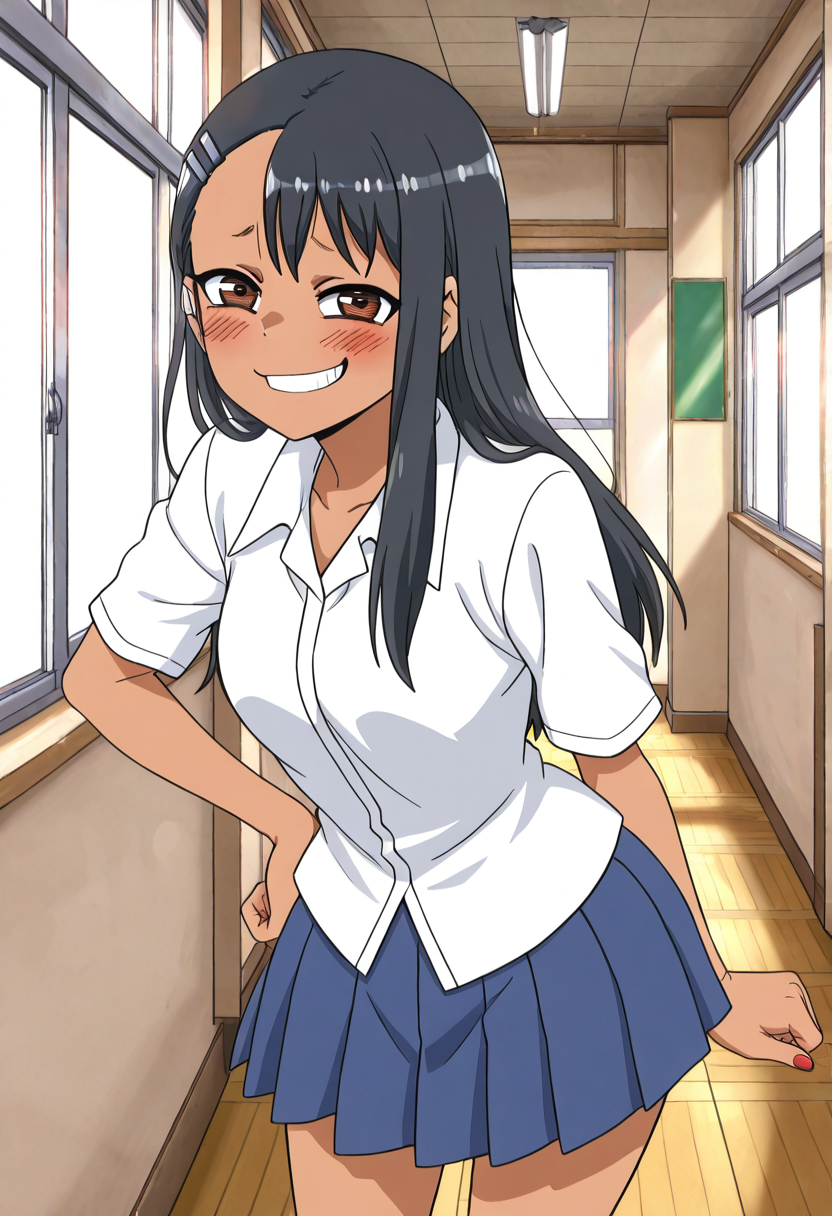 masterpiece, best quality, medium breasts, (curvy),    <lora:NagatoroNAI:0.8>,  zzNagatoro, skirt, shirt, school uniform, white shirt, pleated skirt, nail polish, blue skirt, red nails, earclip, school hallway, bright sunlight, smug expression, playful pose, warm atmosphere â Nagatoro leans casually against the lockers in the sunlit school hallway, her red-painted nails tapping rhythmically against the metal surface. The bright afternoon light filters through the windows, casting soft shadows across her neatly pressed blue pleated skirt and crisp white shirt. A mischievous smirk plays on her lips as she tilts her head, her earclip glinting slightly with the movement. With one hand on her hip, she leans forward just slightly, looking at viewer,