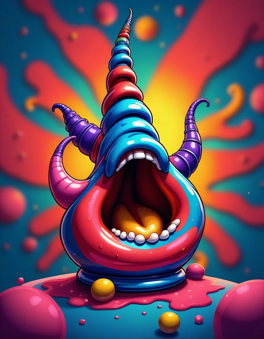 artstyle by Jed-cmc, small centered composition, product shot, plain background, stylized by Mike Campau, wallpaper art, in the center is an image of a "The Horn of Doom", tiny, ugly, ordinary, , fabulous colors, unique, rich vivid colors, magic atmosphere, background inspired, theatrical, quality, dynamic background<lora:ComicStyleXL-000006:1>