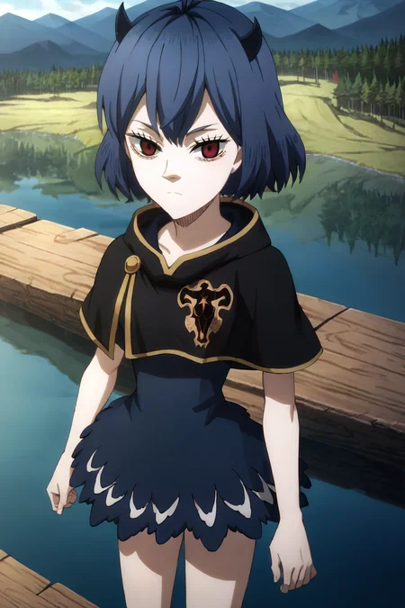 highres, sharp focus, pixiv masterpiece, highly detailed, 1girl, small_breasts, nero-dress, Secre_Swallowtail_XL, source_anime, score_8_up, score_7_up, score_9, <lora:Secre_Swallowtail_PonyXL_v19-000001:1> , eyelashes, looking at viewer, cowboy shot, forest, mountain, lake, from above, blackbull-cape