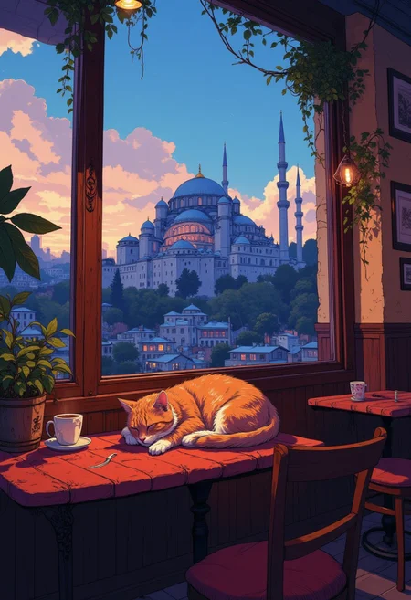 a warm and peaceful scene set in a coffee shop in Istanbul. A cat is curled up on a cushioned seat, fast asleep, completely undisturbed by the quiet hum of activity around it. The coffee shop exudes charm, with wooden furniture and hints of traditional Turkish decor. Through a large window, the majestic Blue Mosque is visible, its domes and minarets beautifully lit against the twilight sky. The scene highlights the harmonious coexistence of people and animals in this iconic city. DB4RZ, DB4RZ style painting, in the style of cksc, anime, cyberpunk